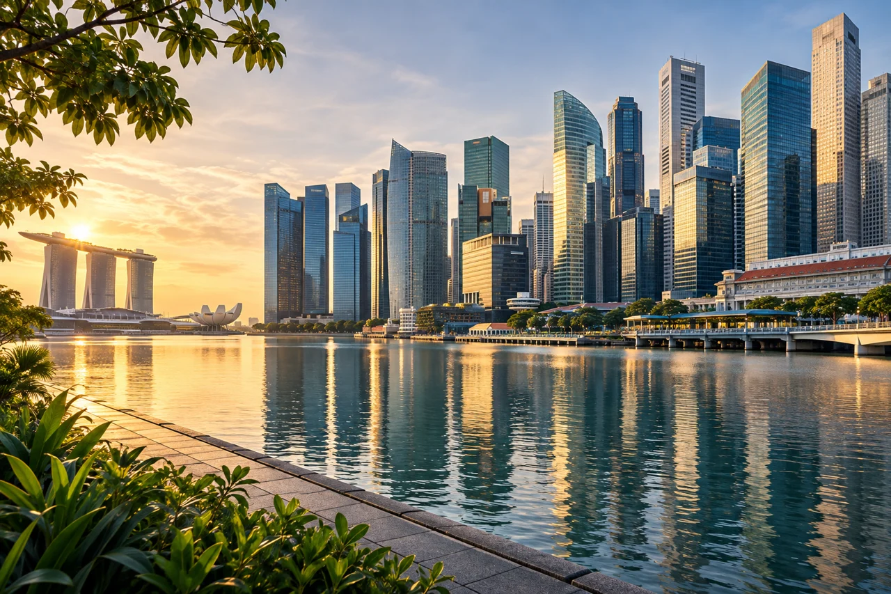Singapore-inspired waterfront skyline in morning light; an editorial illustration